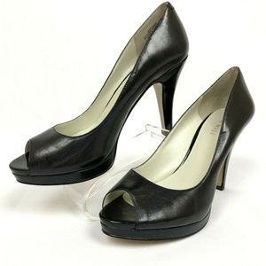 Nine West Black Leather Peep Toe Platform Heels 7M